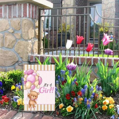 Miniatura 5 de Bandera de jardín con texto en inglés "It's A Girl" de doble cara de 12 x 18 pulgadas, globos de oso de peluche para bebé niña, decoración de patio