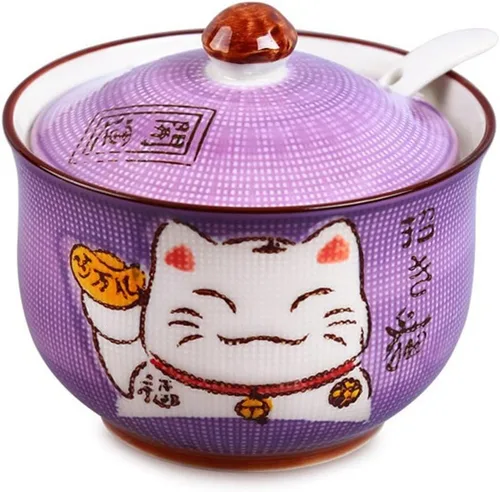 Cerámica japonesa Maneki Neko Lucky Cat Azúcar Sal Pimienta Tarro de almacenamiento con tapa y cuchara Púrpura
