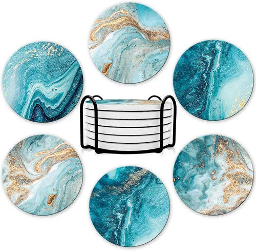 Dooke Posavasos para bebidas, juego de 6 posavasos redondos de cerámica absorbente con base de corcho, divertidos posavasos con soporte para bebidas