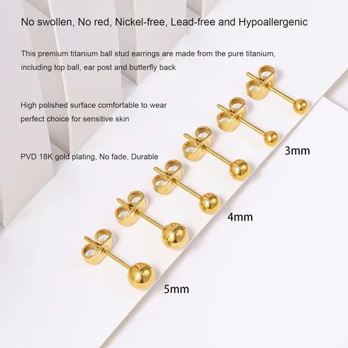 Miniatura 3 de Aretes de bola de titanio, hipoalergénicos, para mujeres y hombres, orejas sensibles, color negro, 0.118 in, 0.157 in, 0.197 in, parte trasera