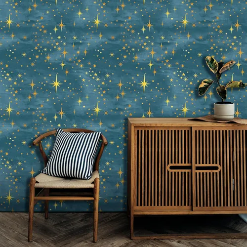 Miniatura 11 de Calcomanías de pared con estrella dorada, diseño retro de explosión de estrellas, calcomanías para dormitorio, sala de estar, decoración de techo