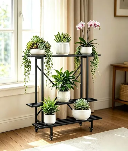 Zhongma Soporte para Plantas de Metal de 3 Niveles de Servicio Pesado con Ruedas, 35.43 L x 17.5 A x 38.6 Al. Soporte para Plantas que Ahorra Espacio