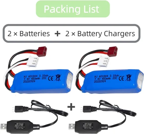 Miniatura 3 de Paquete de 2 baterías de iones de litio de 7.4 V 450 mAh 20C RC para WLtoys K969 K979 K989 K999 P929 P939 RC Car RC Boat con conector T y cable