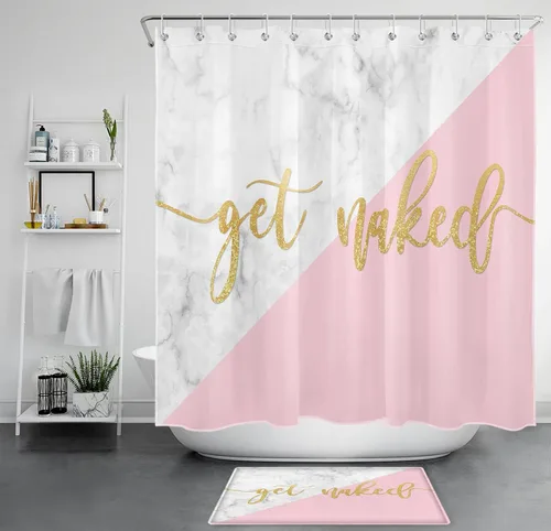 EOBTAIN Juego de cortinas de ducha Get Naked con citas divertidas con textura dorada sobre mármol gris, juego de ducha abstracto, minimalista,