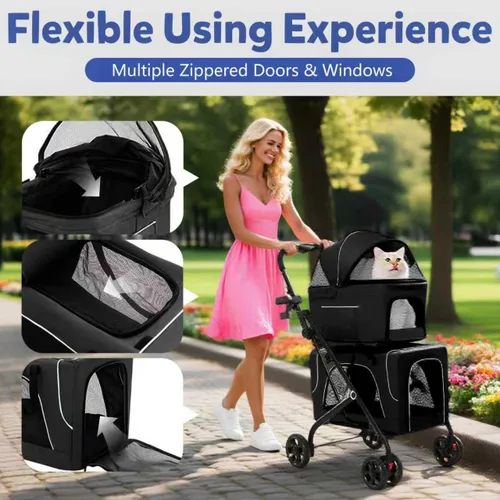 Miniatura 5 de Cochecito doble para perros con portavasos, cochecitos plegables 3 en 1 para gatos con 2 transportadores desmontables, cinturón de seguridad, funda