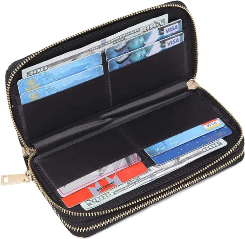 Miniatura 5 de Nabegum Cartera de leopardo para mujer con estampado de guepardo doble cremallera gran capacidad para tarjetas de crédito marrón
