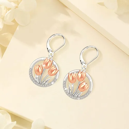 Miniatura 295 de Aretes colgantes de plata de ley con diseño de árbol de la vida, flor, abeja, animales, gato, colibrí, piedra lunar, turquesa, aretes con cierre