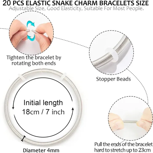 Miniatura 3 de ZYEHXED 20 Pulseras con Dije de Serpiente, Pulseras Bangle con Dijes Expandibles de 0.16 pulgadas, Pulseras de Serpiente de Amistad Plateadas 20