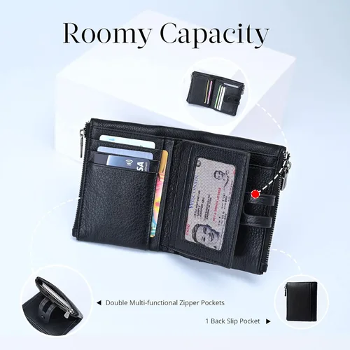 Miniatura 3 de Bveyzi - Billetera pequeña de cuero suave para mujer con bloqueo RFID, tarjetero para damas con doble bolsillo con cremallera