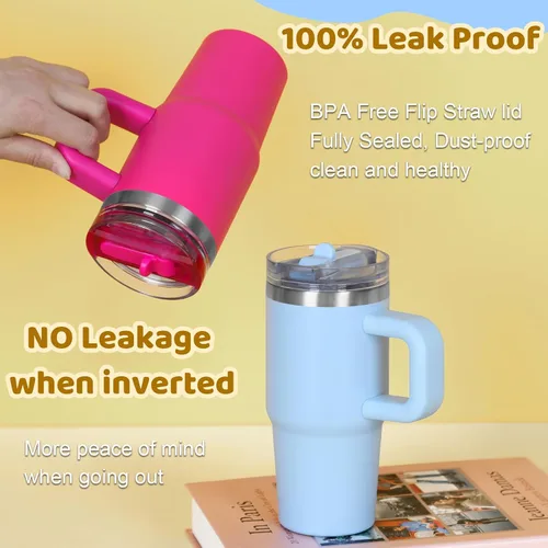 Miniatura 4 de Vaso de 14 onzas para niños con tapa con popote abatible y asa, 100% a prueba de fugas, vaso mini de 14 onzas, vaso aislado al vacío de acero Rosa