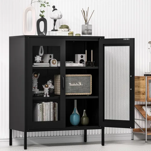 Miniatura 8 de Ustamio Gabinete de Almacenamiento de Metal Ancho Negro con Casillero, Gabinete de Acento de 2 Puertas para Hogar y Oficina, Gabinete de Metal Bajo