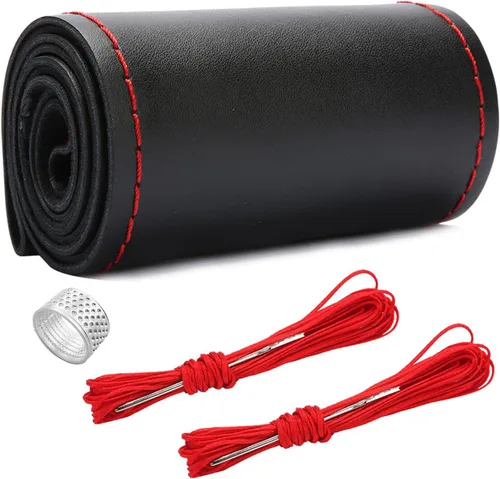 Miniatura 8 de Ziciner - Funda de cuero genuino para volante, transpirable, antideslizante, protector de volante de automóvil para un diámetro máximo de 15 Negro