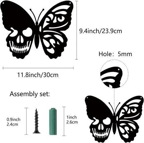 Miniatura 2 de CREATCABIN Decoración de pared de metal con diseño de calavera y mariposa, para colgar en la pared, letrero de escultura de hierro para interiores