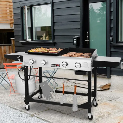 Miniatura 9 de Royal Gourmet GD401 - Parrilla y plancha de gas propano portátil con mesa auxiliar, 4 quemadores, patas plegables, versátil, uso exterior, negro 168