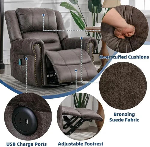 Miniatura 5 de Power Recliner with Heat and Massage – Swivel Rocking Recliner Chair, USB Charging Ports, Side Storage Pockets, Manual Recline Option for Living
