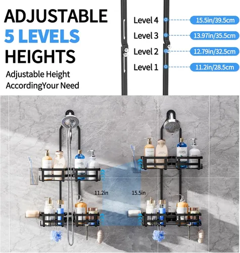 Miniatura 4 de GAOKASE Organizador de ducha de aluminio para colgar, nunca se oxida, 4 niveles con altura ajustable, 10 ganchos para maquinilla de afeitar/esponja