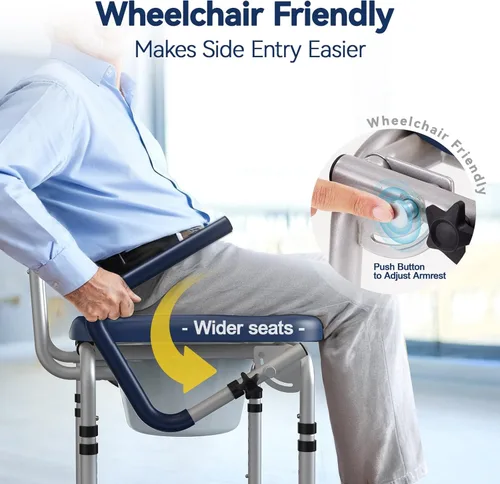 Miniatura 3 de Asiento sanitario plegable para el costado de la cama con brazo desplegable, inodoro con asiento acolchado y respaldo, capacidad de 136kg, cubo Azul
