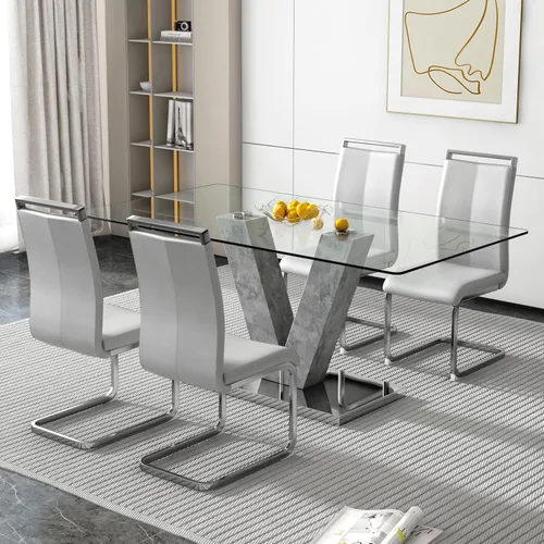 Miniatura 35 de Juego de mesa de comedor de vidrio de 71 pulgadas para 6, juego de mesa de comedor para 6, mesa de cocina moderna y 6 sillas de PU, parte superior 6