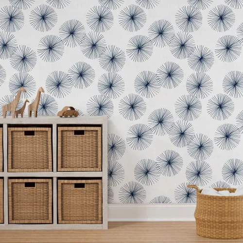 Miniatura 7 de Peel & Stick Wallpaper 3ft x 2ft - Mid Century Midcentury Modern Dandelions White Navy Circle Minimalist Mod Neutral Custom Removable Wallpaper by