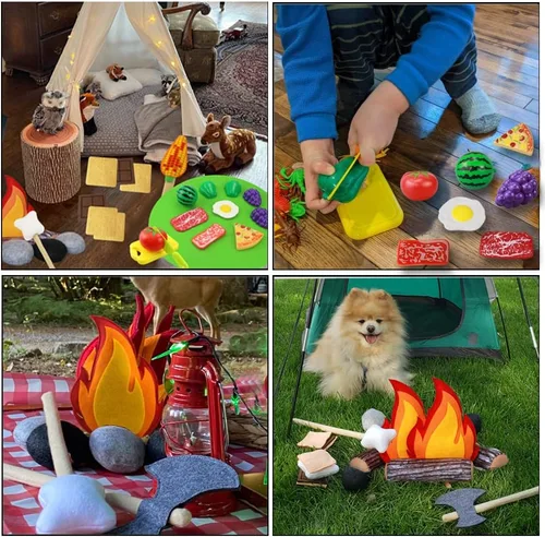 Miniatura 5 de 45 piezas de juguete de fogata para niños, juguetes de campamento para niños pequeños, juego de fogata de fieltro con frutas cortadas de simulación