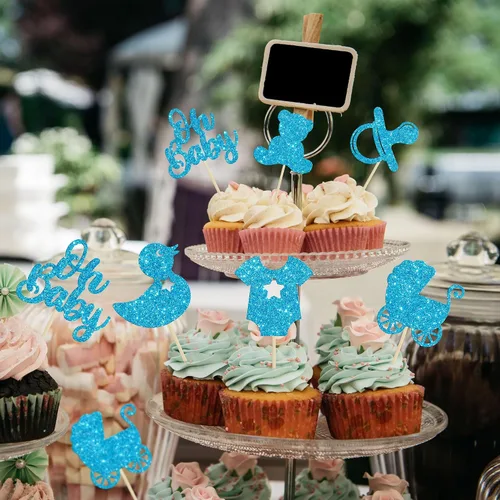 Miniatura 4 de Gyufise 36 piezas Oh Baby Cupcake Toppers Glitter Bear Chupete Baby Carriage Cupcake Picks Baby Shower Cake Decoraciones para revelación de género