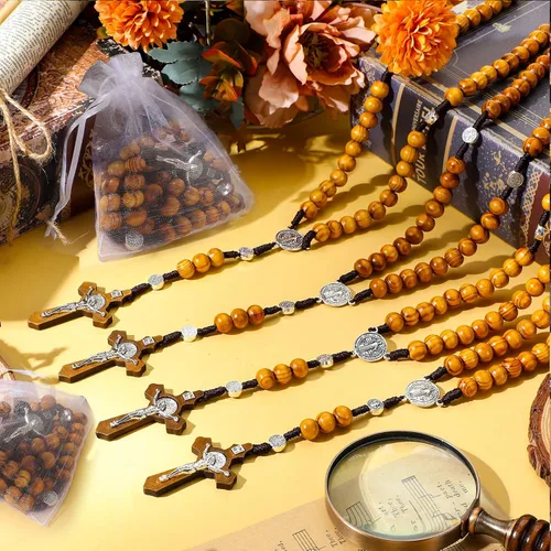 Miniatura 6 de Juego de 24 collares de rosario de cuentas de madera tallada con rosario católico con cruz de Jesús, cuentas de rosario de madera maciza con bolsa