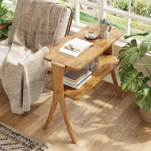 Miniatura 5 de LITTLE TREE Mesa auxiliar estrecha, mesa de centro de 2 niveles estilo granja con patas de madera maciza, mesa auxiliar pequeña, ahorradora