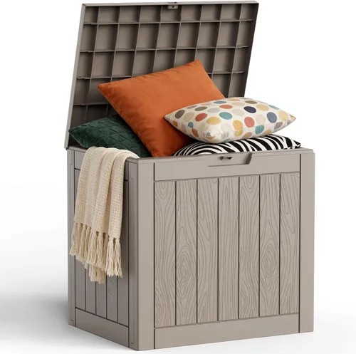 Miniatura 13 de Caja de cubierta para exteriores de 120 galones, cajas de almacenamiento impermeables con cerradura para herramientas de jardín, cojines de Gris