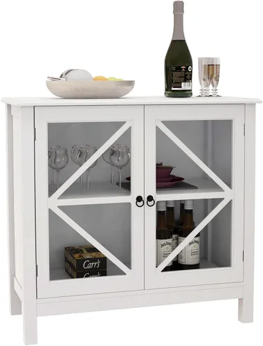 Miniatura 8 de Mesa de bufé de cocina elegante para el hogar, aparador, mesa de consola con 2 puertas de vidrio y estante de almacenamiento, armario de entrada