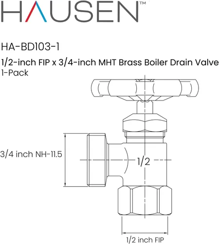 Miniatura 6 de Hausen Válvula de drenaje de caldera de 3/4 pulgadas MHT x 1/2 pulgada FIP, latón, certificado cUPC, ideal para calderas y calentadores de agua