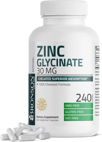 Bronson Glicinato de zinc 30 mg quelatado absorción superior 100% fórmula quelatada sin OMG, 240 cápsulas vegetarianas