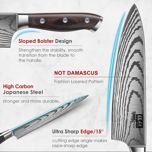 Miniatura 3 de SHAN ZU Juego de Cuchillos de 16 piezas, Cuchillo de Cocina Japonés con Bloque de Acero Inoxidable de Alto Carbono, Cuchillo Ultra Afilado