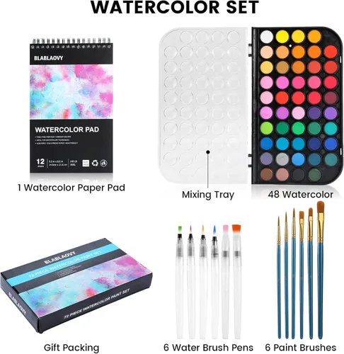 Miniatura 2 de Blablaovy Pintura de acuarela, juego de pintura lavable de 48 colores, 6 pinceles, 6 bolígrafos de agua recargables, almohadilla de dibujo, paleta