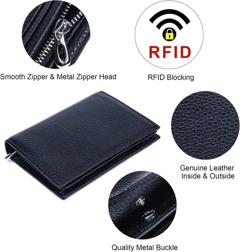 Miniatura 3 de Fependu Cartera pequeña para mujer, con bloqueo RFID, de piel auténtica, compacta, plegable, con bolsillo, con cremallera, mini monedero