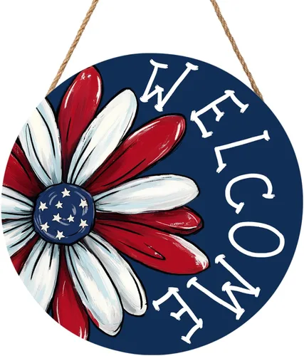 Decoración del 4 de julio, letrero de puerta del Día de los Caídos de 12 x 12 pulgadas, colgante de puerta de madera patriótica estadounidense,