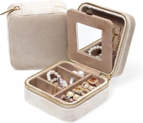 Miniatura 24 de BLUTETE Joyero de viaje organizador de terciopelo con anillos de espejo, aretes, collares, caja organizadora de almacenamiento (negro)