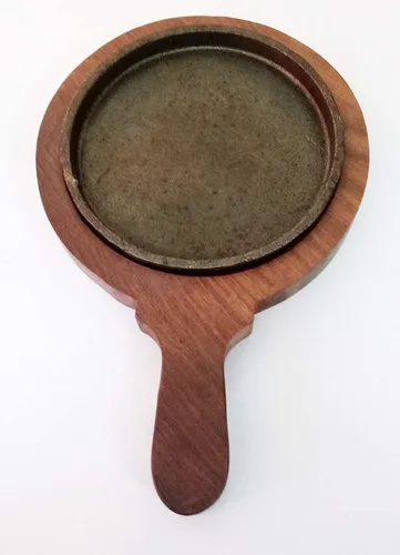 Miniatura 4 de Sahishnu - Juego de platos para fajita en línea y marketing, plato redondo chisporroteante para brownie/bandeja con base de madera y mango redondo