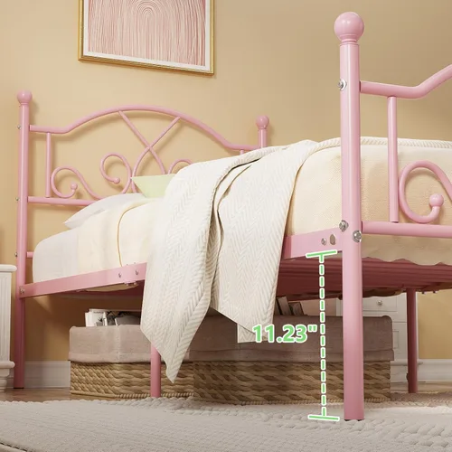 Miniatura 2 de Weehom Marco de cama individual, marcos de cama de metal modernos de tamaño individual para niños y niñas, no necesita somier, base de cama Rosa