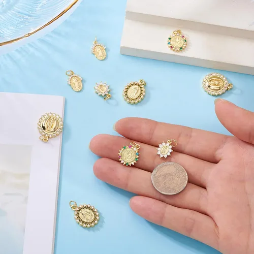 Miniatura 6 de Cheriswelry 10 dijes milagrosos de latón de oro de 18 quilates, circonita cúbica, para madre y maría, ovalados, de 0.51 a 0.79 pulgadas para Virgen