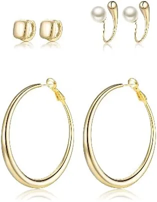 FANZE 3Pairs 14K Gold Plated Earrings Set, Hoop Earrings, Dangle Huggie Earrings Lightweight, Jewelry Gift Women Girls
