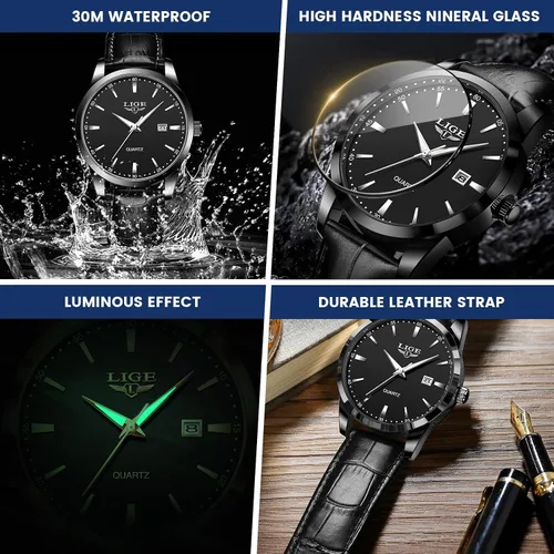 Miniatura 3 de LIGE Relojes para hombre impermeable analógico vestido vintage cronógrafo analógico casual cuero acero inoxidable movimiento de cuarzo único retro