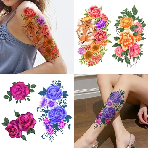 Miniatura 4 de Yazhiji 49 hojas de tatuajes temporales para mujeres y hombres 3D extra grandes, impermeables, sexy, flores, kits de tatuajes falsos Color flower