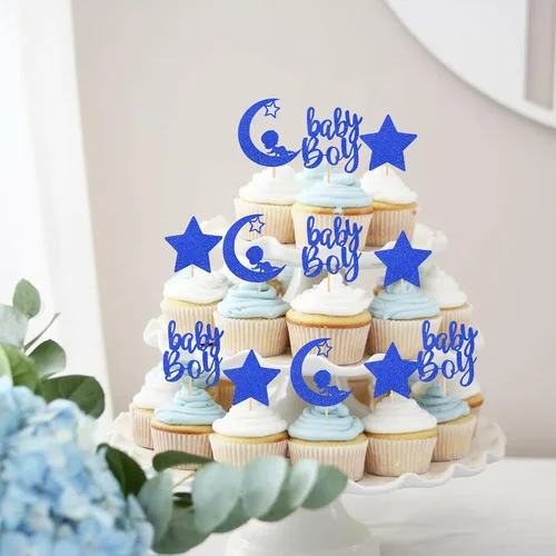 Miniatura 4 de 24 piezas de adornos para cupcakes para bebé niño con purpurina luna, estrella, baby shower, revelación de género, cupcakes para celebrar cumpleaños
