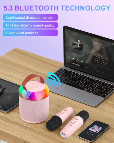 Miniatura 4 de Mini máquina de karaoke para fiestas de juguete para niños, altavoz portátil de juguete de karaoke LED con 2 micrófonos inalámbricos para niñas