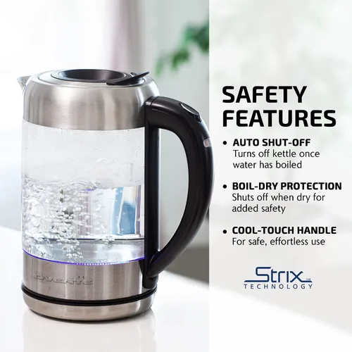 Miniatura 3 de OVENTE Hervidor eléctrico con vidrio de borosilicato de 1.7 L, hervidor de agua instantáneo de 1500 W y calentador para café o té, libre de BPA