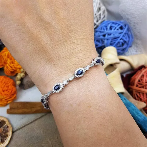 Miniatura 5 de Dazzlingrock Collection Pulsera de eslabones de mujer de diamante blanco de corte ovalado real con zafiro azul y corte redondo, plata esterlina