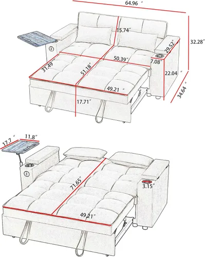 Miniatura 2 de hansones Sofá cama extraíble multifuncional de 66 pulgadas con mesa auxiliar oculta, reposabrazos de almacenamiento, puerto de carga integrado
