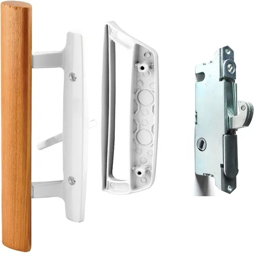 HauSun Juego de manijas de puerta de vidrio correderas, manija interior de madera de roble y manija exterior de tira blanca con acabado acuñado en