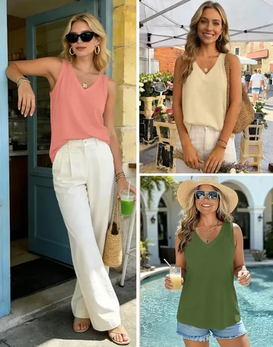 Miniatura 5 de KKJ Paquete de 2 camisetas sin mangas para mujer, cuello en V, camisetas de verano sin mangas, ajuste holgado, casual, trajes de vacaciones, camisas