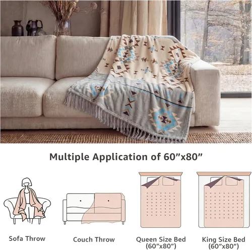 Miniatura 7 de CASAAGUSTO Manta bohemia – Manta decorativa verde y beige con borla, manta bohemia de franela impresa para silla, cama, sofá
